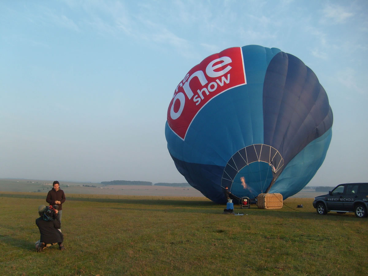 The One Show&rsquo;s Jamie Crawford in action as the balloon is inflated.
